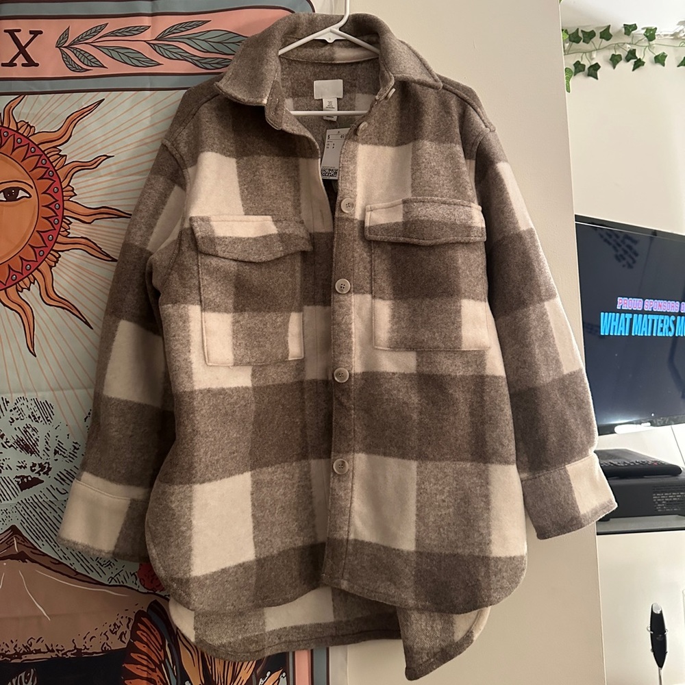 H&M Cream and Brown Plaid Shacket Jacket